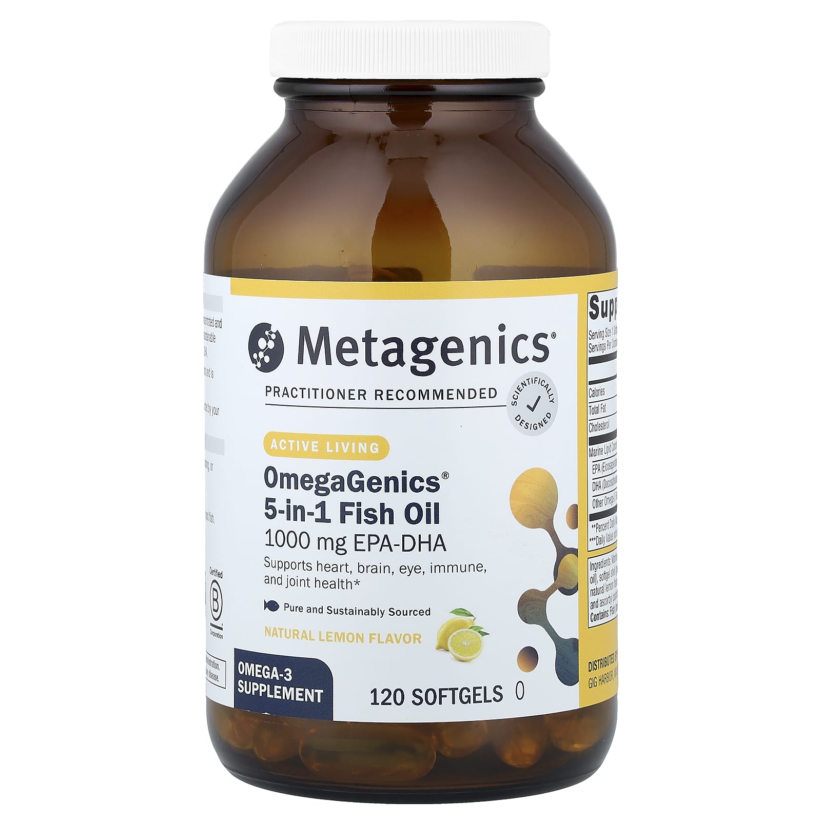 Metagenics, OmegaGenics®, 5-in-1 Fish Oil, Natural Lemon, 120 Softgels UPC 755571938732 | Hilife Vitamins